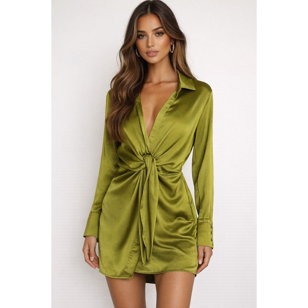 Runaway The Label Ruby Shirt Dress Grass Green Satin Tie Front Mini US 6 M NWT